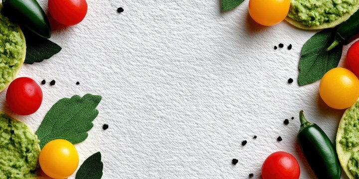 food illustration, delicate watercolor tacos, guacamole, and jalapeos adorn the edges, with pastel splashes fading into white space ideal for adding typography - Powered by Adobe