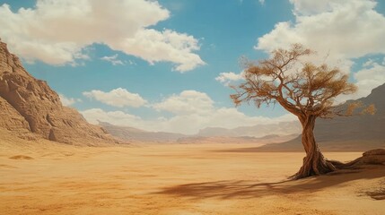 Solitary tree standing resiliently in the arid desert landscape under a cloudy sky