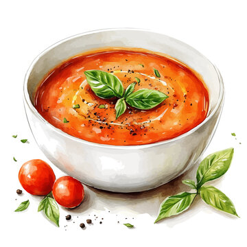 tomato soup bowl with basil watercolor clip art preview