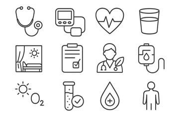 Healthcare Icon Set. Line style icons of clinical health: stethoscope, blood pressure monitor, heart with ECG, water in hospital