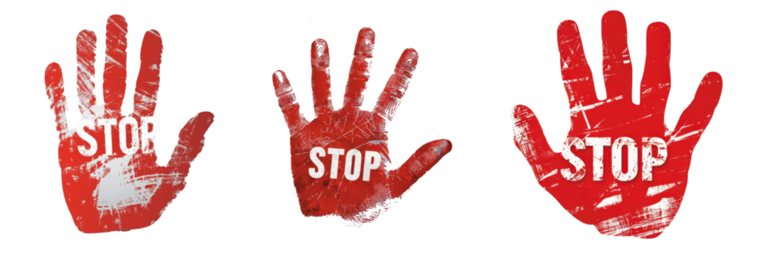 Three red handprints with the word stop printed on them, isolated on transparent background