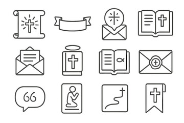 Easter Message Icons. Line style icons of Easter messages: scroll with light, empty banner, message icon, scripture page; folded