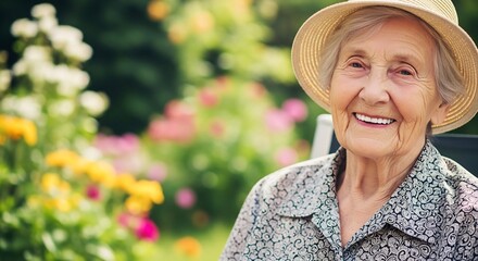 Portrait of a happy elderly woman in garden setting for senior living, health, retirement community ads. Authentic smile, healthy lifestyle, active seniors concept.