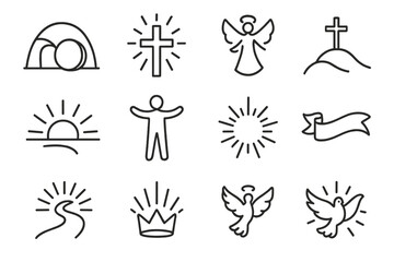 Fototapeta premium Easter Triumph Icons. Line style icons of Easter victory: empty tomb, cross with light, angel rising, hilltop silhouette;