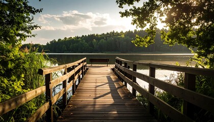 Naklejka premium Lakeside Wooden Pier Sunset