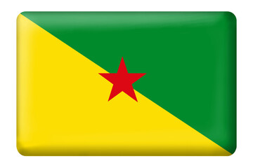 French Guiana flag with square button shape on transparent background, PNG. Flag. Country flag. National flag. Three-dimensional. Green, yellow color