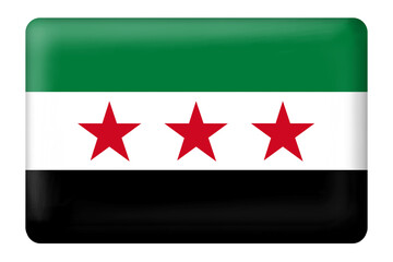 Syrian flag with square button shape on transparent background. Flag. National flag. Country flag. Three-dimensional Syrian flag. PNG. Damascus.