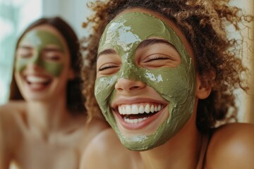 Multicultural Friends Laughing with Green Clay Masks Indoors on Spa Day
