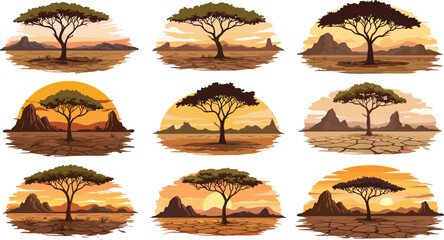 African savanna landscape illustration with acacia trees, desert sunset, cracked earth, dry wilderness, safari adventure, nature background © Morsalin Creatives