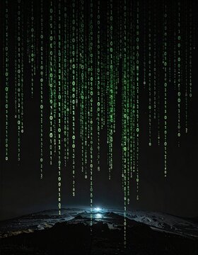 Binary code matrix raining on black background Ai