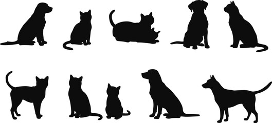 dog and cat silhouette, pet vector illustration, domestic animal outline, black cat design, sitting dog, walking cat artwork