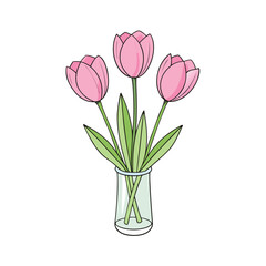 Soft pink tulip flowers in a clear glass vase on a clean white background