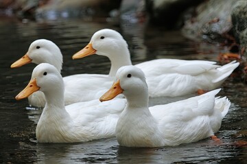 Four white ducks in a stream