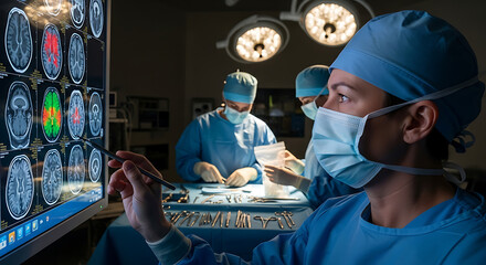 Neurosurgeon analyzing brain MRI scans in the operating room with medical team.