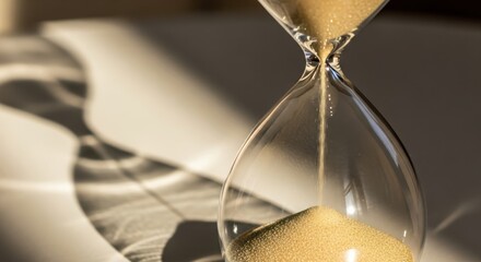 Closeup of an hourglass with sand flowing, symbolizing the passage of time