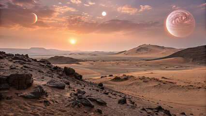 Alien desert landscape with a dramatic double sunset and distant moons on a desolate alien planet