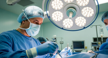 Focused surgeon and medical team performing an operation in a sterile operating room.