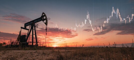 Oil rig at sunset with stock market graph overlay