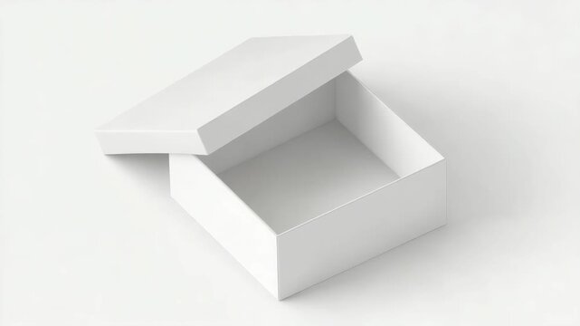 Empty open white square cardboard box with partially lifted lid, minimal style on clean white background, concept of packaging or unboxing