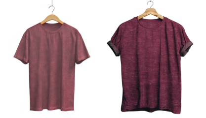 Two heathered burgundy tshirts hanging on wooden hangers, isolated on transparent background
