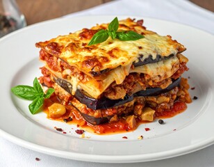 Layers of rich eggplant lasagna topped with melted cheese on a white plate Generative AI
