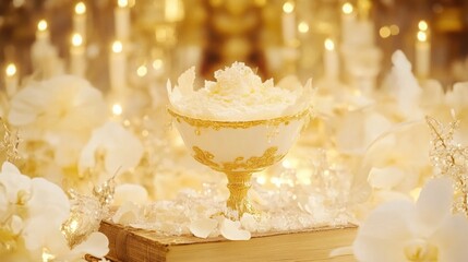 Opulent chalice filled with golden shimmer amidst luminous blossoms and candles