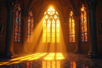 Obraz premium Golden rays of sunlight stream through stained-glass windows, illuminating a sacred space with ethereal, divine light Perfect for religious, spiritual, or fantasy themes , ambience, holy