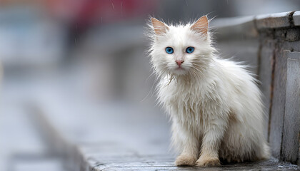 Sad, wet white angora kitten sits alone on city street during rainfall. This abandoned, hungry stray has bright blue eyes and dirty, matted fur. A symbol of neglected pets needing adoption and care