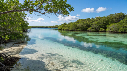 Serene tropical lagoon with crystal clear turquoise waters and lush greenery