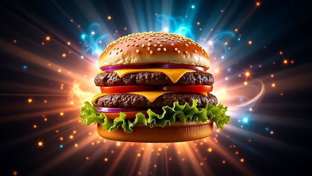 A delicious double cheeseburger with a dynamic glowing light effect. A high-energy food promotion concept for fast food and restaurant menus. Generative Ai.