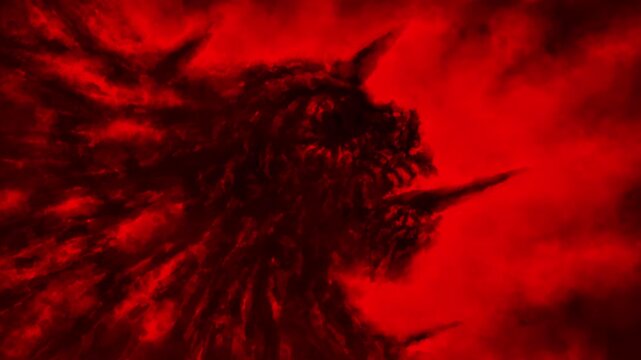 In the mouth of darkness 2D animation. Horror fantasy genre. Angry man turns into a scary werewolf. Spikes emerge from the skull. Motion graphics for VJ loops and music clips. 4K grunge video.