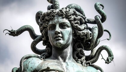 Close-up of a statue head, Medusa