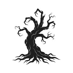 Vector art of twisted tree silhouette, perfect for fantasy, horror, or naturethemed designs with a gnarled and eerie feel