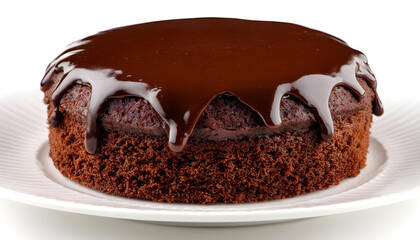 Chocolate cake with rich ganache topping, isolated on white, perfect for bakery menus and sweet dessert promotions