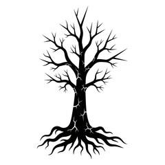 Vector art of bare tree silhouette, showcasing its intricate branch structure and root system, evoking a sense of winter and dormancy