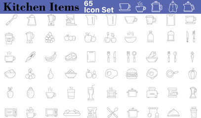 Collection of simple line icons representing various kitchen and food items