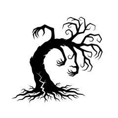 Vector art of creepy spooky tree silhouette, a gnarled and twisted form with branches reaching out like skeletal fingers