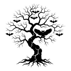 Vector art of spooky bare tree silhouette with bats and an owl, a halloween vector illustration for decoration and design