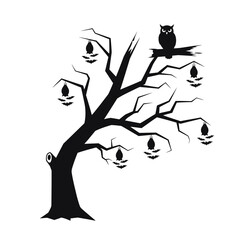 Vector art of spooky halloween tree with bats and owl silhouette of a scary tree with hanging bats and an owl sitting on a branch
