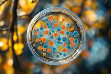 Petri dish containing orange and blue bacterial or fungal colonies, against a blurred autumnal background.