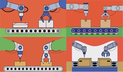 Automated robotic arms assembling products on a conveyor belt in a modern factory setting.