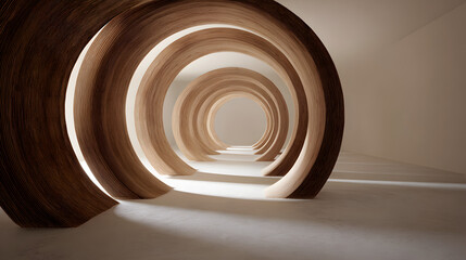 Stunning modern architectural tunnel with flowing wooden arches and soft ambient light, creating a sense of depth and elegance.