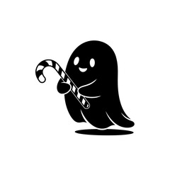 Vector art of adorable ghost holding a candy cane festive halloween character with a striped treat, perfect for holiday designs