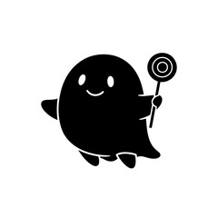 Vector art of happy ghost silhouette holding a lollipop, perfect for halloweenthemed designs, invitations, and decorations