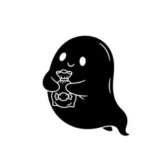 Vector art of silhouette of a cute ghost holding a bag of candy, a spooky and sweet halloween treat with a friendly and playful design