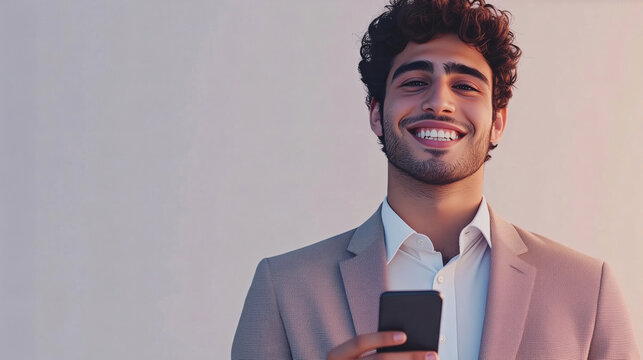 Joyful, relaxed smiling middle Eastern young man, dressed in a casual business suit using smartphone. DEI, DEIB
