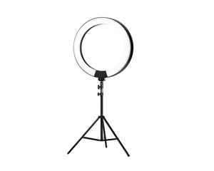 Circular LED ring light mounted on a tripod