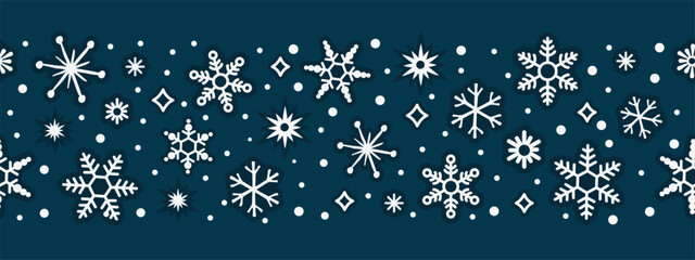 Christmas seamless border with snowflakes and snowfall. Geometric round shapes white colors on blue background. Festive horizontal banner with decorative objects. Vector design for winter  holidays.