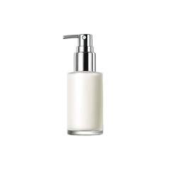 Obraz premium A vertical, rectangular, clear glass bottle, filled with a white, opaque cream. A chrome-colored pump dispenser is affixed to the top