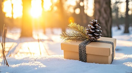 Rustic kraft gift adorned with natural elements bathed in gentle winter sunlight amid snowy forest